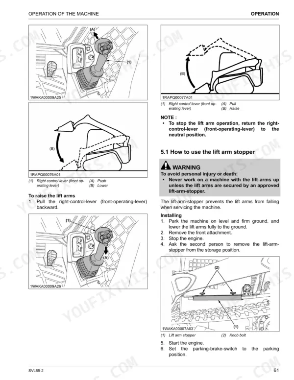Kubota SVL65-2 operation manual showing right control lever lift arm operation and lift arm stopper installation steps.