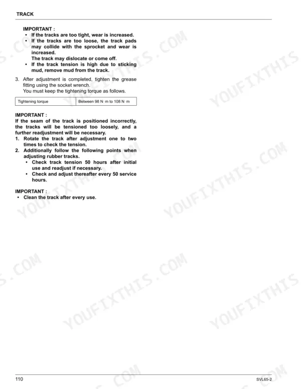 Kubota SVL65-2 track adjustment procedure, maintenance intervals, and grease fitting tightening torque specifications.