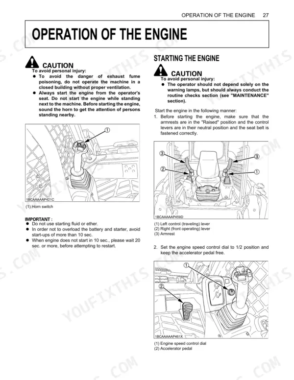 Kubota SVL75-2 engine starting procedure, horn switch, control levers, armrests, speed control dial, and accelerator pedal.