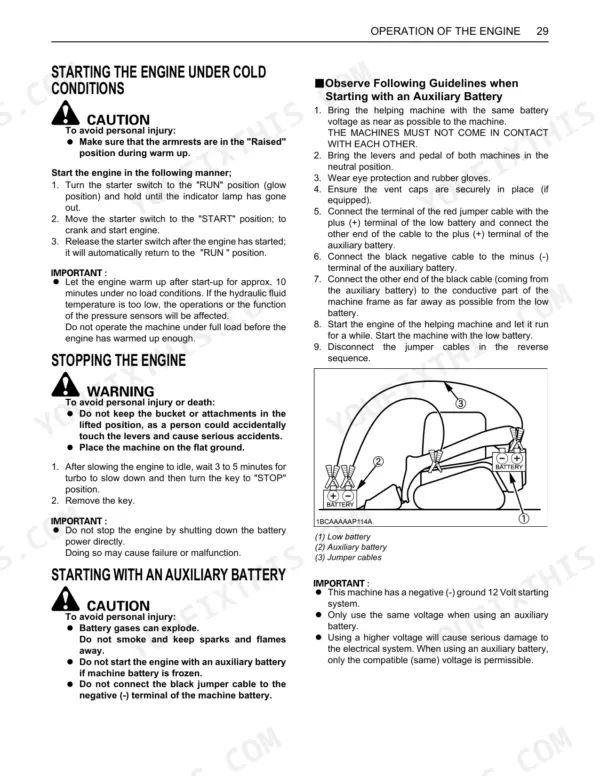 Kubota SVL75-2 engine starting, stopping, and auxiliary battery jump-start procedures with connection diagram.