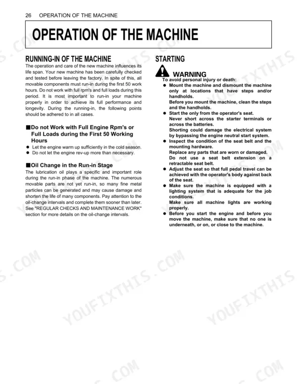 Kubota SVL75 operator manual page covering machine running-in procedures, oil change guidelines, and starting safety warnings.