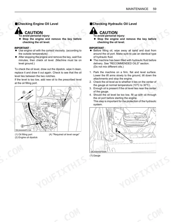 Kubota SVL75 maintenance manual page showing procedures for checking engine oil level and hydraulic oil level with diagrams.
