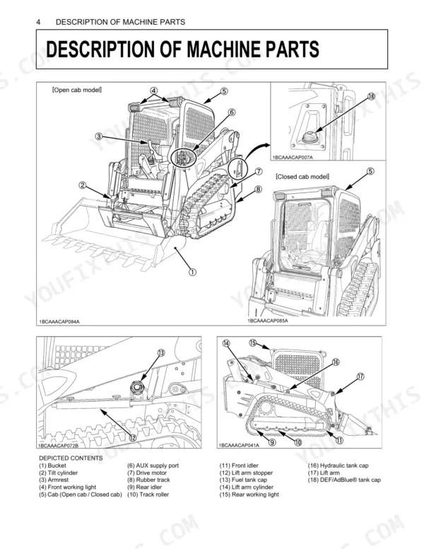 Kubota SVL95-2s machine parts diagram showing open and closed cab models, lift arms, cylinders, and track components.