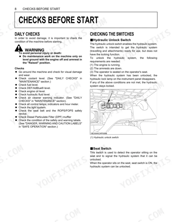 Kubota SVL95-2s daily checks, hydraulic unlock switch diagram, and seat switch operation procedures.