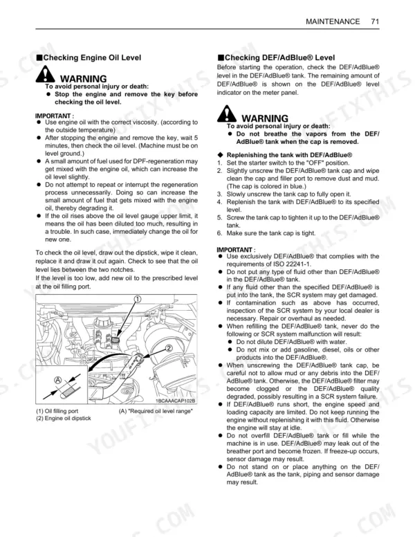 Kubota SVL95-2s maintenance procedures for checking engine oil level and replenishing the DEF/AdBlue tank.