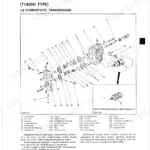 Kubota T1400, T1400H exploded view diagram of the hydrostatic transmission assembly with numbered component parts list.
