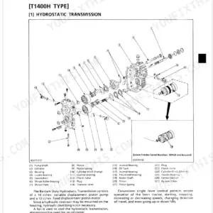 Kubota T1400, T1400H exploded view diagram of the hydrostatic transmission assembly with numbered component parts list.