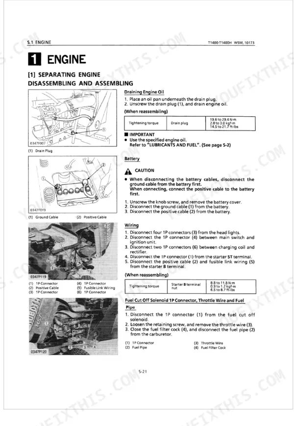Kubota T1400, T1400H engine disassembly procedures for oil drain, battery, wiring, and fuel solenoid removal.