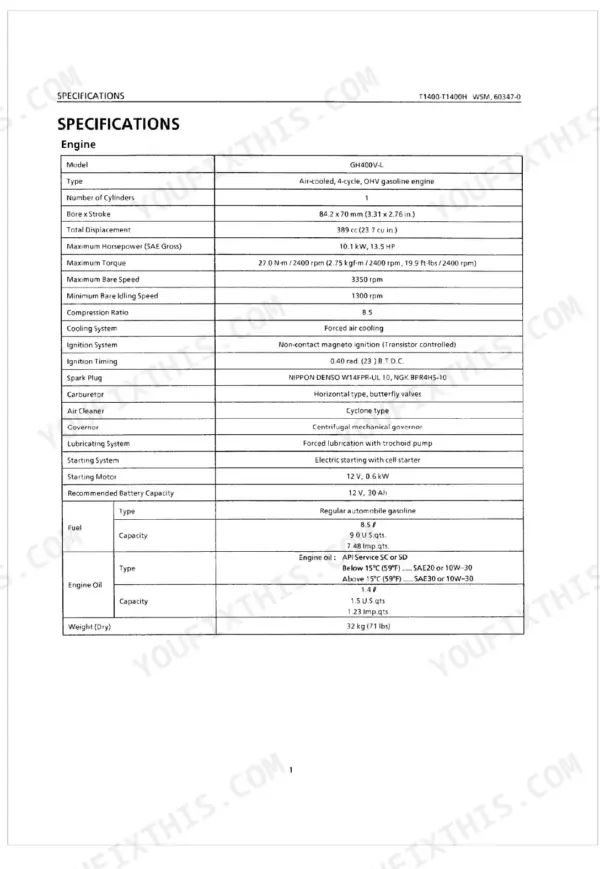 Kubota T1400, T1400H engine specifications table for GH400V-L, including displacement, torque, and oil capacity.
