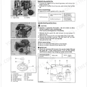Kubota T1460, T1560 engine external components removal, torque specs, and fan cover clearance adjustment procedures.
