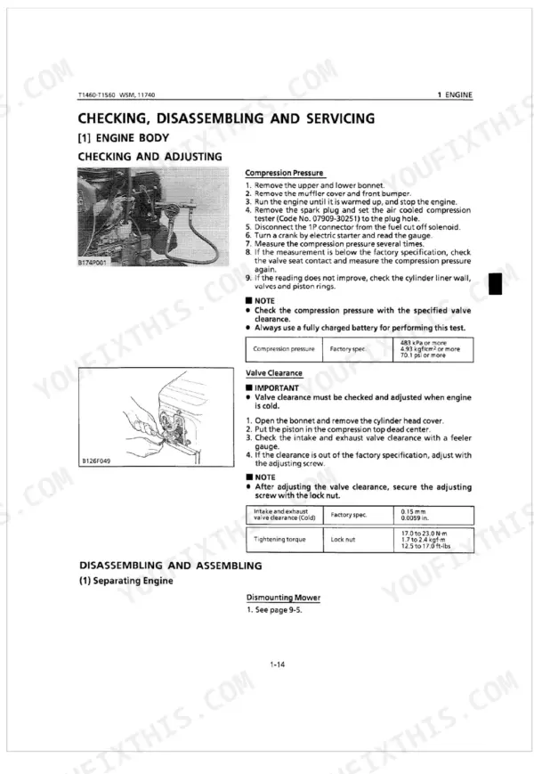 Kubota T1460, T1560 engine compression pressure testing and valve clearance adjustment procedures and specifications.
