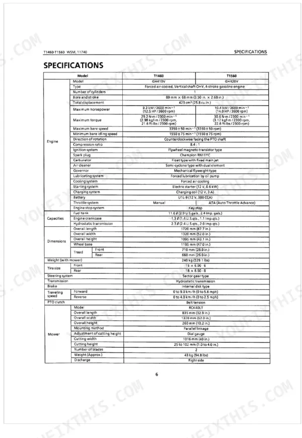 Kubota T1460, T1560 technical specifications table including engine, dimensions, weight, and mower deck data.