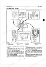Kubota T1600H engine lubricating system diagram showing oil pump, filter, strainer, camshaft, and rocker arm components.