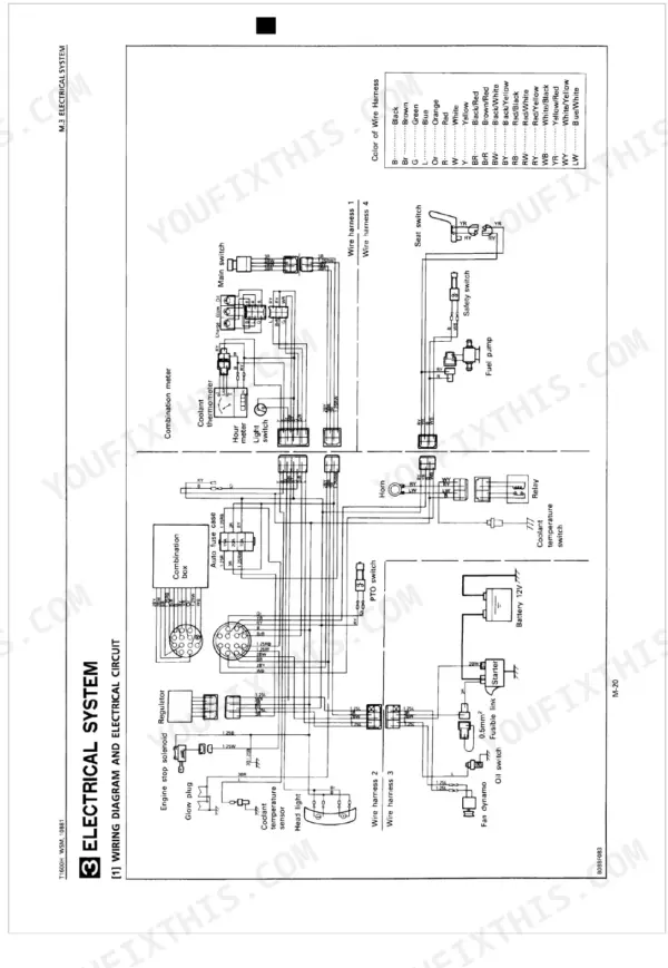 Kubota T1600H electrical system wiring diagram showing battery, starter, fuse case, switches, and wire harness connections.