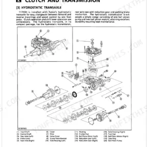 Kubota T1700H, T1700HX hydrostatic transaxle exploded view diagram with numbered parts list for clutch and transmission.