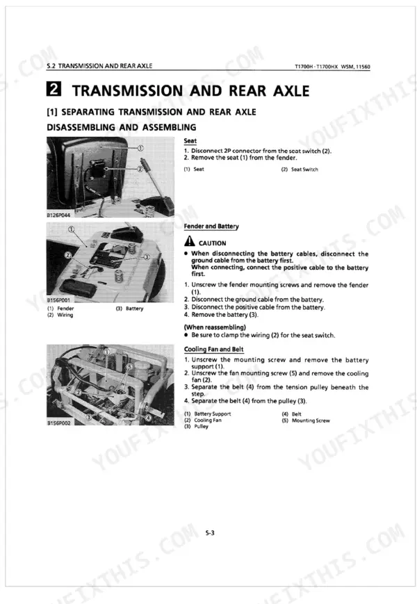 Kubota T1700H, T1700HX procedures for separating transmission, rear axle, seat, fender, battery, cooling fan, and belt.