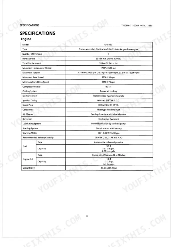 Kubota T1700H, T1700HX engine specifications table for GH540V model including displacement, torque, and fuel capacity.