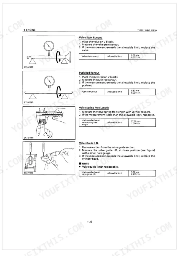 Kubota T1760 engine service manual page showing valve stem, push rod runout, valve spring length, and guide ID specs.