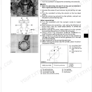 Kubota T1760 engine service manual: piston and connecting rod removal, installation, and torque specifications.