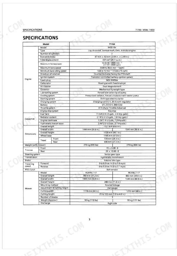 Kubota T1760 engine, capacity, dimension, and mower deck specifications table from workshop manual.