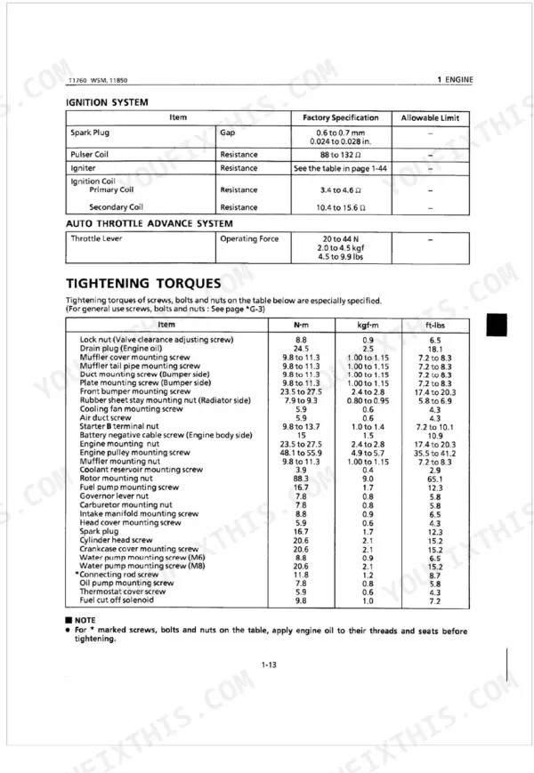 Kubota T1760 engine ignition system specifications and tightening torque table for various engine components.