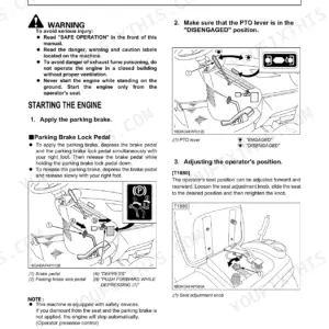 Kubota T1880, T2080, T2380 engine starting, parking brake lock pedal, PTO lever, and seat adjustment procedures.