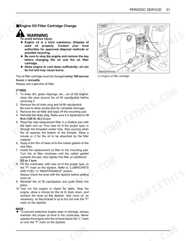 Kubota T1880, T2080, T2380 engine oil filter cartridge change procedure and location diagram.