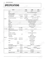 Kubota T1880, T2080, T2380 specifications table covering engine, capacities, machine, and dimensions data.
