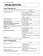 Kubota T1880, T2080, T2380 engine and battery troubleshooting tables for starting, power, and electrical issues.