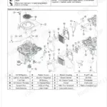 Kubota T1880, T2080, T2380 exploded view diagram of external engine components, parts list, and service warnings.