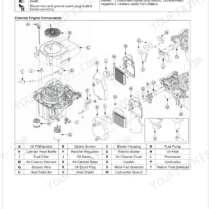 Kubota T1880, T2080, T2380 exploded view diagram of external engine components, parts list, and service warnings.