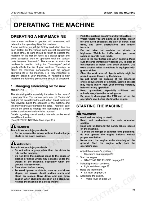 Kubota T2090BR-AU, T2290KW-AU, T2290KWT-AU operating instructions for new machines, safety precautions, and starting procedures.