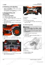 Kubota T2090BR-AU, T2290KW-AU, T2290KWT-AU procedures for dismounting the mower deck and removing the battery.