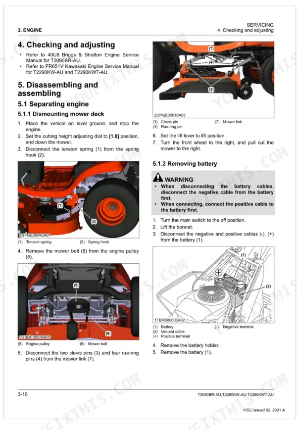 Kubota T2090BR-AU, T2290KW-AU, T2290KWT-AU procedures for dismounting the mower deck and removing the battery.