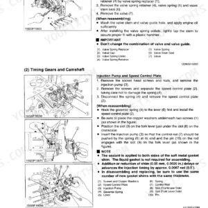Kubota TG1860, TG1860G engine service manual: valve removal, timing gear, and injection pump installation procedures.