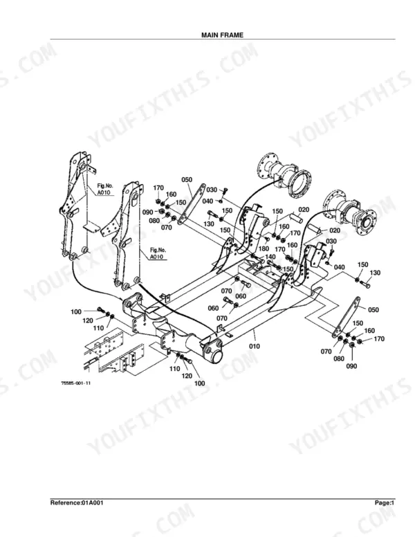 Kubota TL1150 exploded view diagram of the main frame assembly, including mounting brackets, bolts, and hardware components.