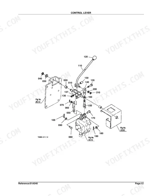 Kubota TL1150 exploded view diagram of the control lever assembly and linkage components.