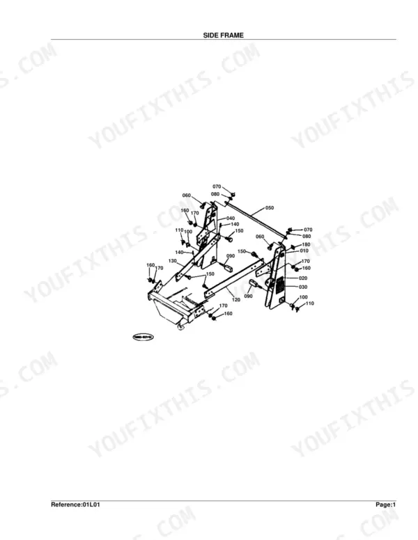 Kubota TL420(B20) exploded view diagram of the side frame assembly with numbered hardware and structural components.