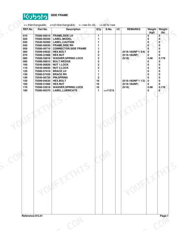 Kubota TL420(B20) parts list for side frame assembly, including bolts, nuts, washers, and braces with part numbers.