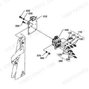 Kubota TL420A exploded view diagram of the control valve assembly, mounting plate, and hydraulic fittings.