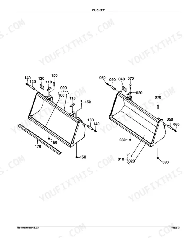 Kubota TL421 exploded view diagram of bucket assembly showing mounting hardware, pins, and cutting edge components.