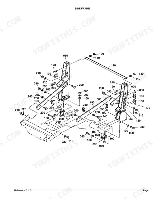 Kubota TL421 exploded view diagram of the side frame assembly showing mounting hardware, brackets, and frame components.
