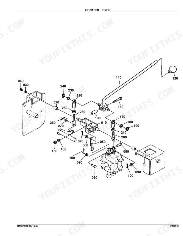 Kubota TL421 exploded view diagram of the control lever assembly, showing linkage, mounting hardware, and valve connections.