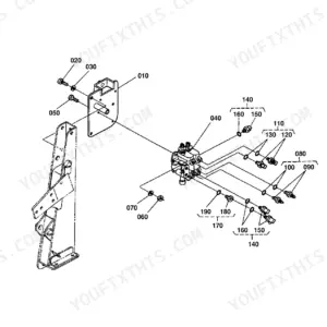 Kubota TL421 control valve exploded view showing valve assembly, mounting bracket, and hydraulic fittings.
