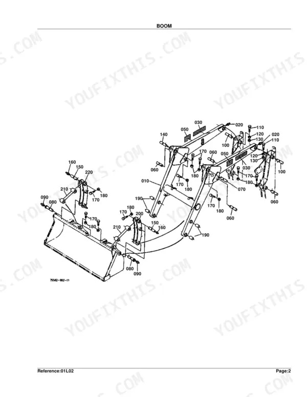 Kubota TL720(L35) exploded view diagram of the loader boom assembly and bucket linkage components.