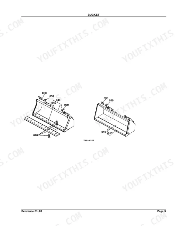 Kubota TL720(L35) exploded view diagram of bucket assembly showing cutting edge, bolts, and hardware components.