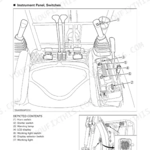 Kubota U17-3 instrument panel and control elements diagram showing switches, LCD display, and working light locations.