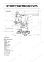 Kubota U17-3 diagram showing machine parts identification including bucket, boom, dozer, and operator station components.