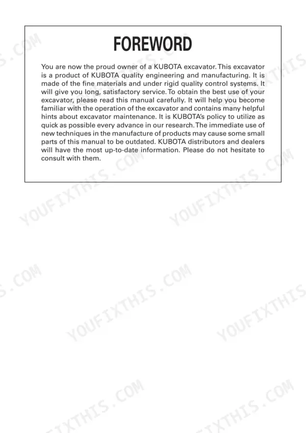 Kubota U17-3 excavator service manual foreword page detailing quality engineering and maintenance information.