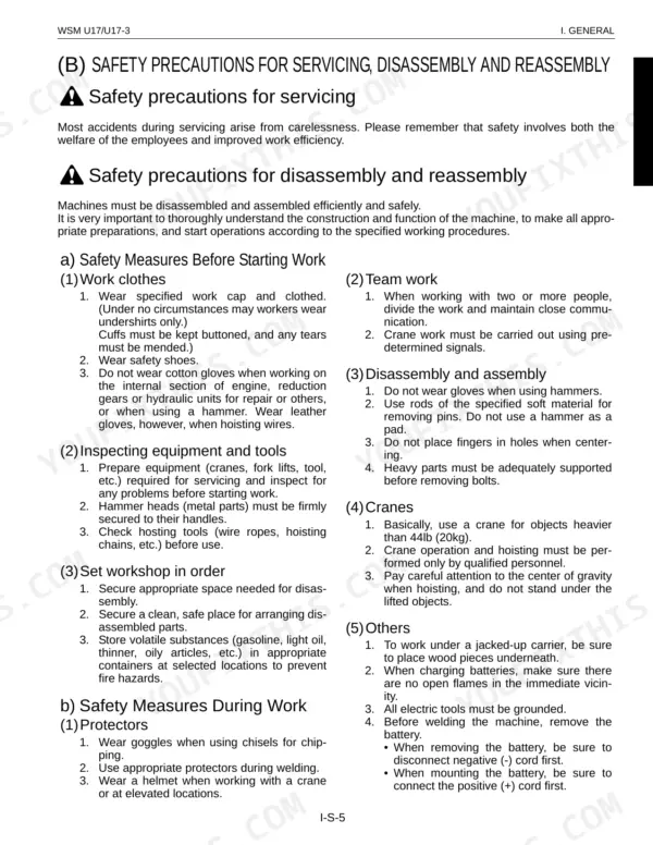 Kubota U17, U17-3, U17-3α safety precautions for servicing, disassembly, and reassembly procedures manual page.